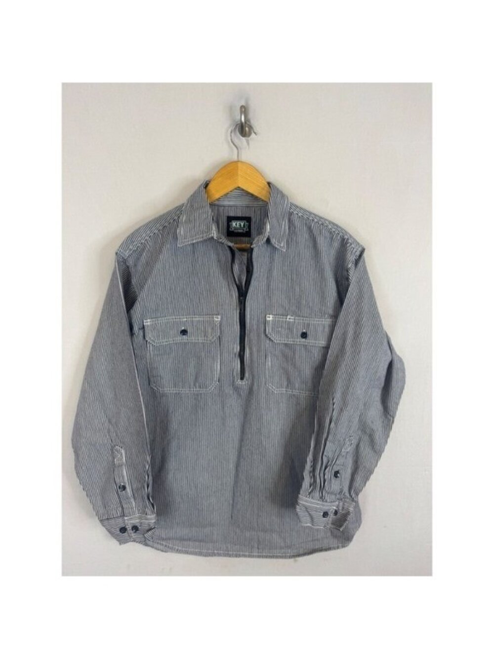 Key Est 1908 Mens Hickory Stripe Work Shirt Half Zip Pullover Blue White M